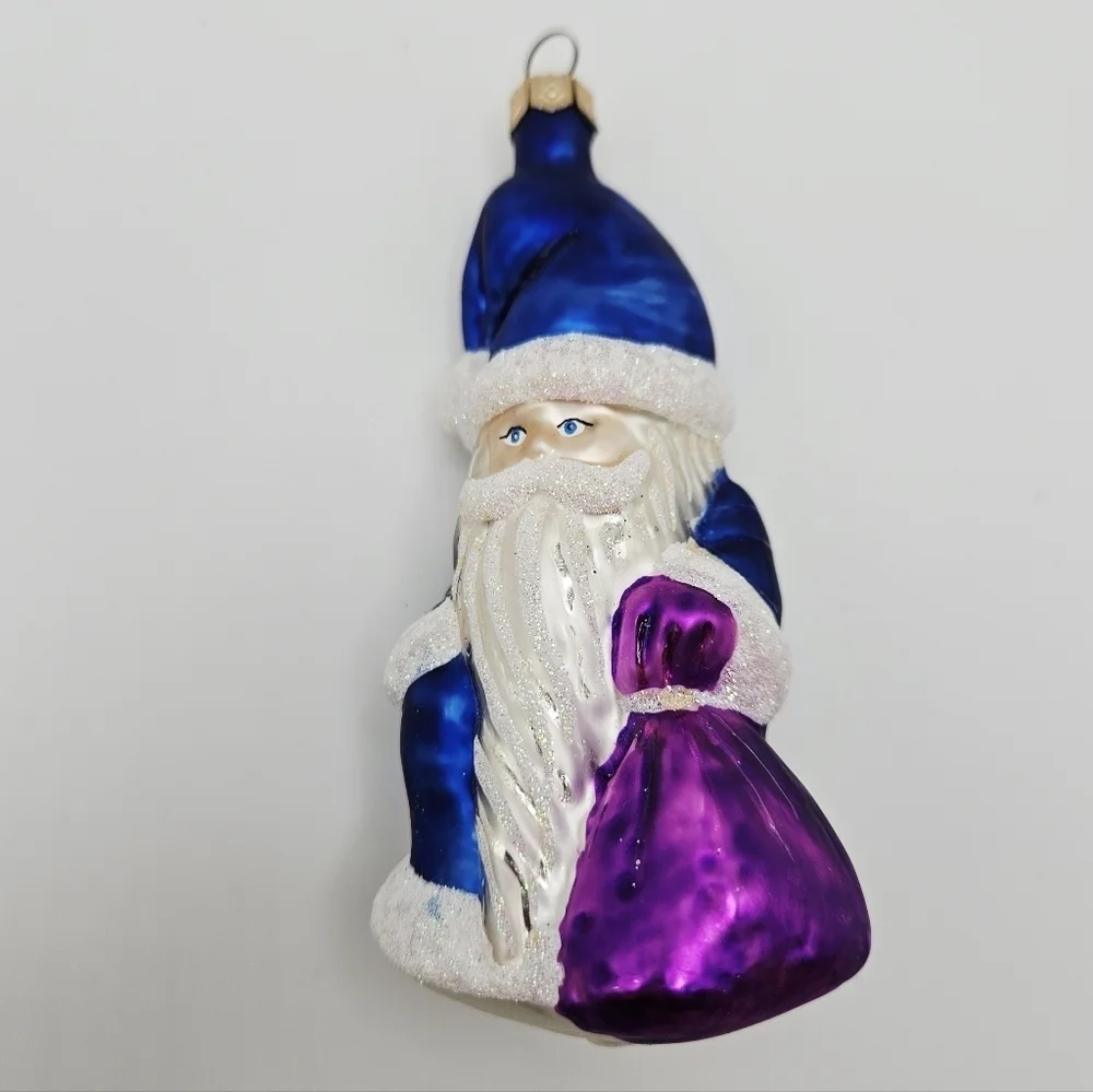Glass Blue and White Santa Claus Glitter Details Christmas Ornament